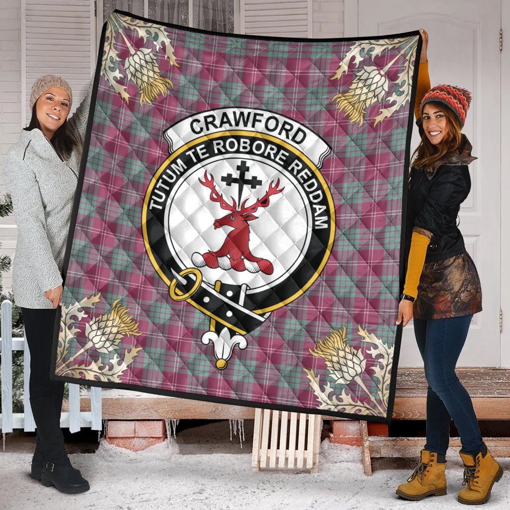 Crawford Ancient Clan Crest Tartan Scotland Thistle Gold Pattern Premium Quilt K23