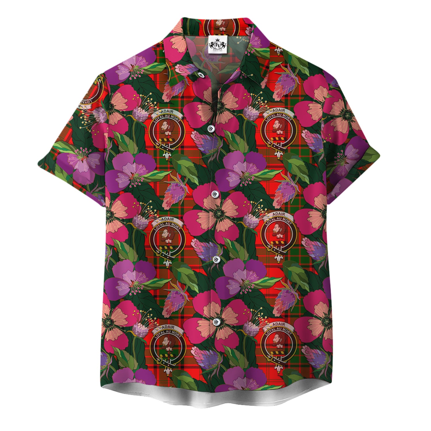 Adair Crest Tartan Seamless Pattern of Thistle and Poppy Flowers Hawaiian Shirt K23
